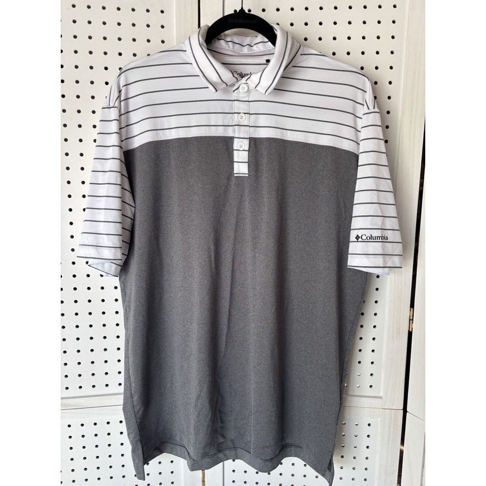 Men's L‎ Large Columbia Golf Short Sleeve Polo Shirt Gray / White Striped
